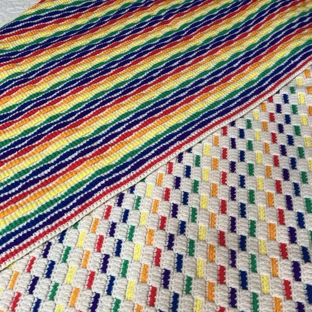 Vtg Handmade Rainbow Crochet Afghan Throw Blanket Reversible Approx 45 X 54